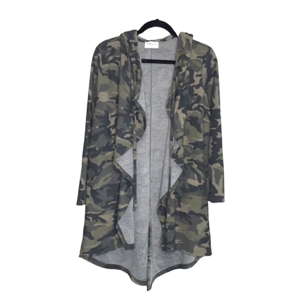 Camouflage Gorpcore Camo open front hooded long cardigan with pockets size Small